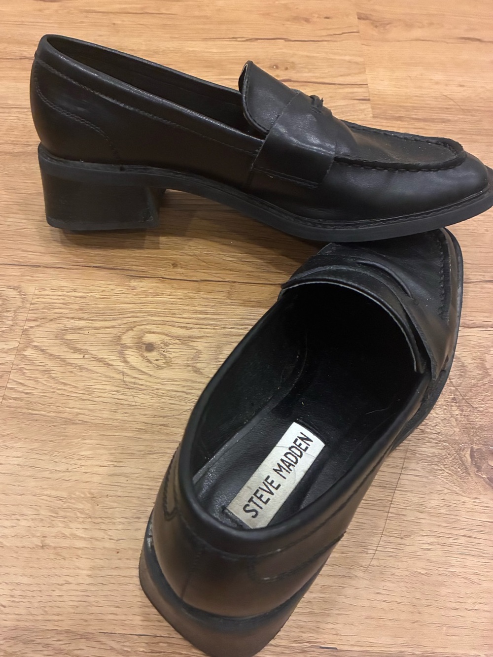 Steve Madden Black Leather Penny Loafers with Block Heel